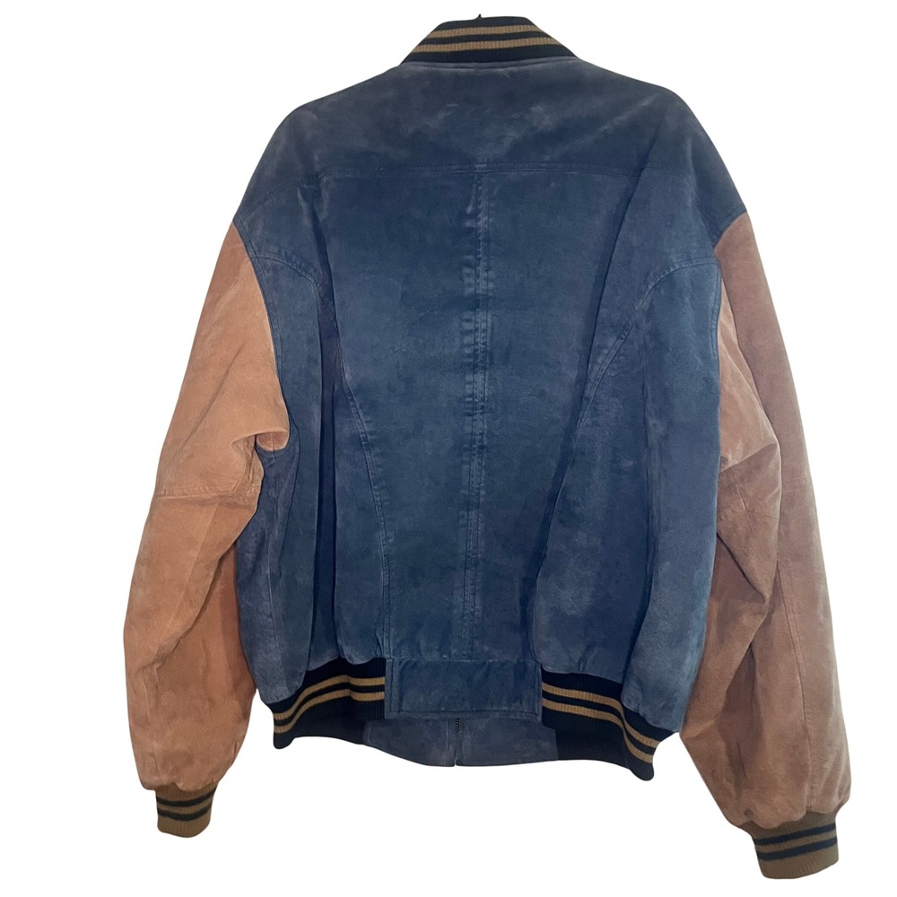 Dunbrooke Vintage Suede Bomber Jacket Mens XL Blue Tan Austin Lime Safety Award - Picture 5 of 8